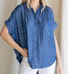Denim Chambray Star Print Button Up Top with Collar